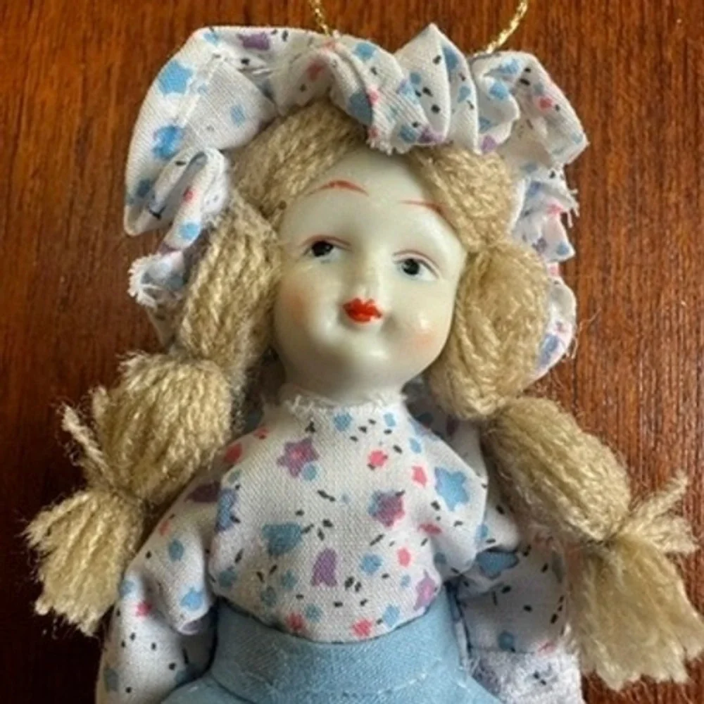 Trim-A-Tree Porcelain Doll Ornament Hand Painted Vintage Floral Blue Dress 5.5